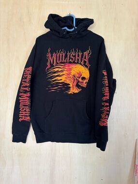 Metal Mulisha Black Hoodie with Flaming Skull Graphic in Yellow and Red
